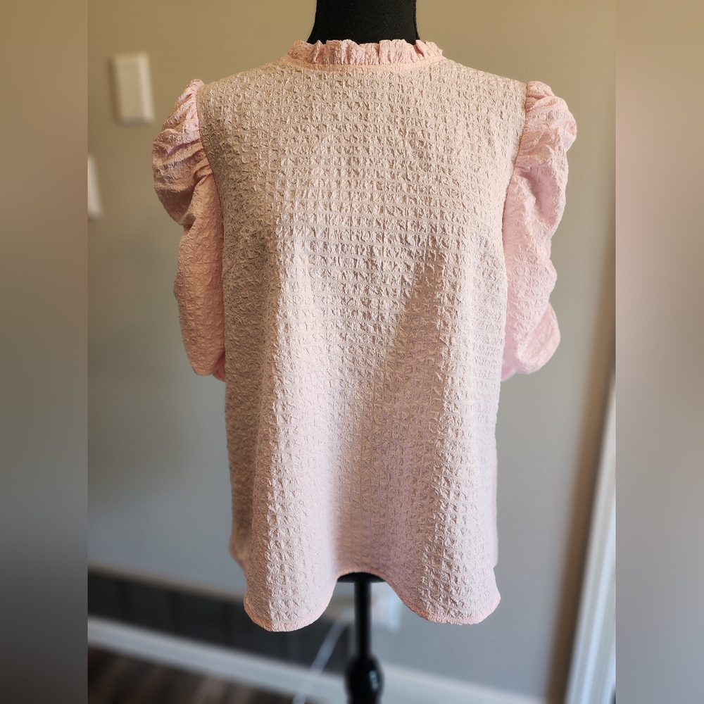 THML Pale Pink Textured Ruffle Sleeve Top